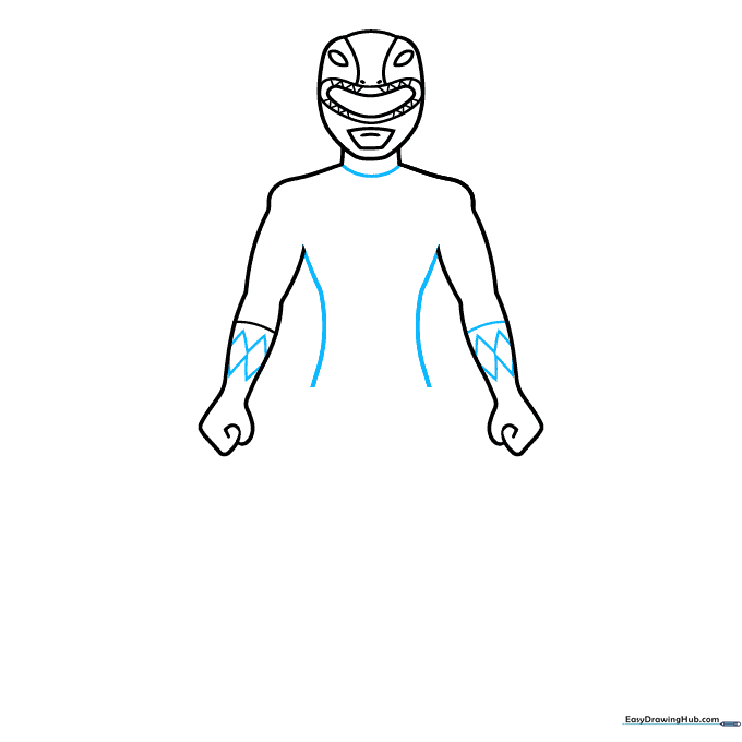 Adding diamond details to the gloves and outlining the torso of the Power Ranger suit.