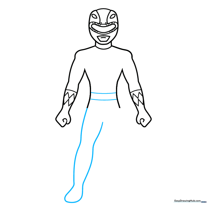 Drawing the belt area and the first leg of the Power Ranger.