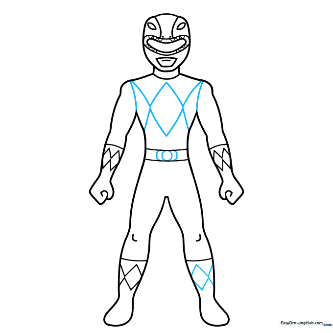 Adding the final chest diamond pattern and the central belt buckle detail to the Power Ranger.