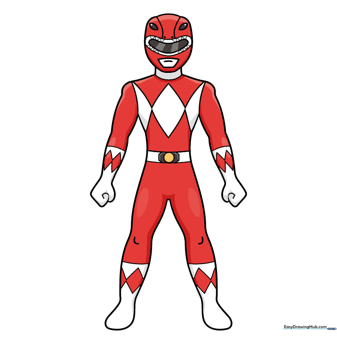 Final colored illustration of a Power Ranger, showing the suit colored in red with white accents.
