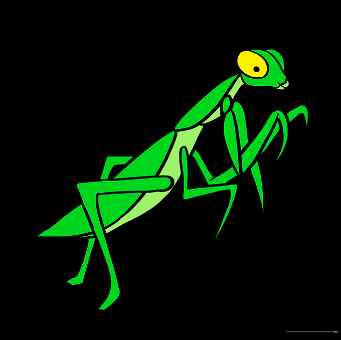 A fully colored, vibrant green praying mantis drawing.