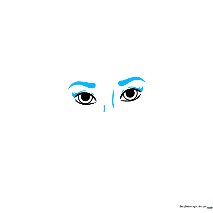 Drawing of eyebrows and eyelid creases added to the previously sketched eyes.