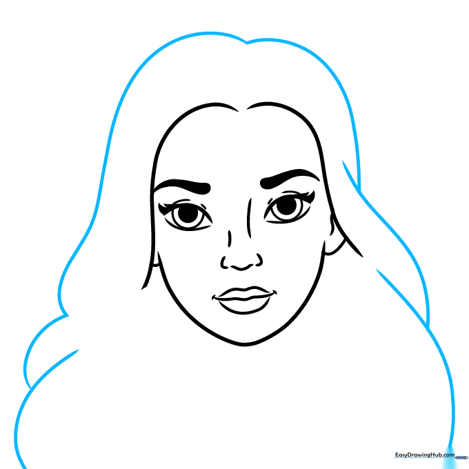 Detailed sketch showing long hair strands framing the face.