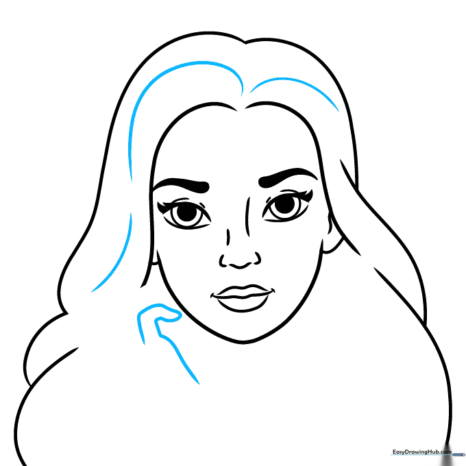 Hair texture lines added with the beginning of a hand sketch below the chin.