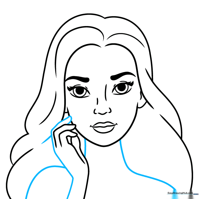 Sketch showing the neck, shoulders, and completed hand structure.