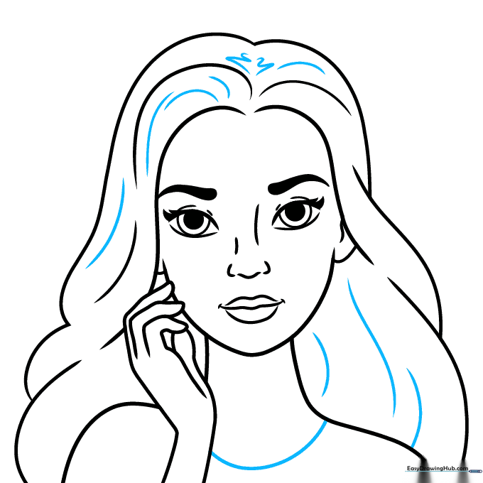 Final line art of the girl with added hair detail and shirt collar.