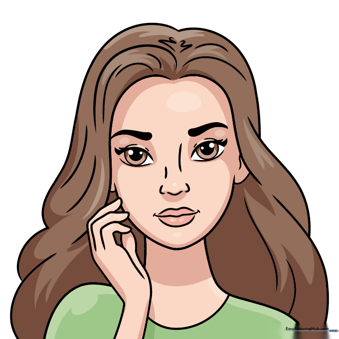 Finished, colored drawing of a pretty girl with brunette hair and a friendly expression.