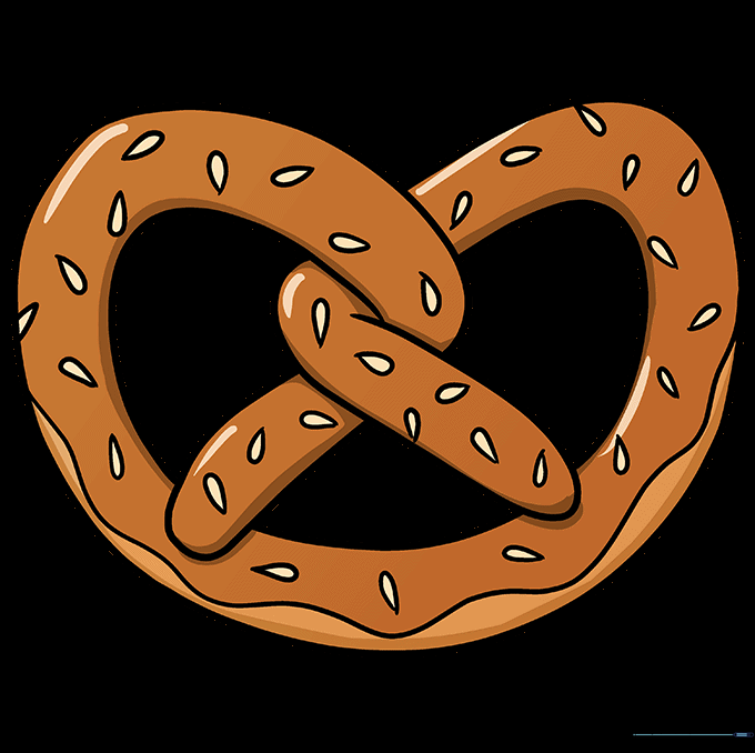 A fully colored, golden-brown cartoon pretzel with salt crystals.