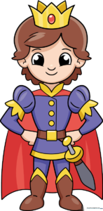 A vibrant, finished illustration of a cartoon prince wearing a crown and cape.