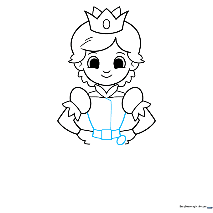Adding the belt, buckle, and sword pommel to the prince's waist.