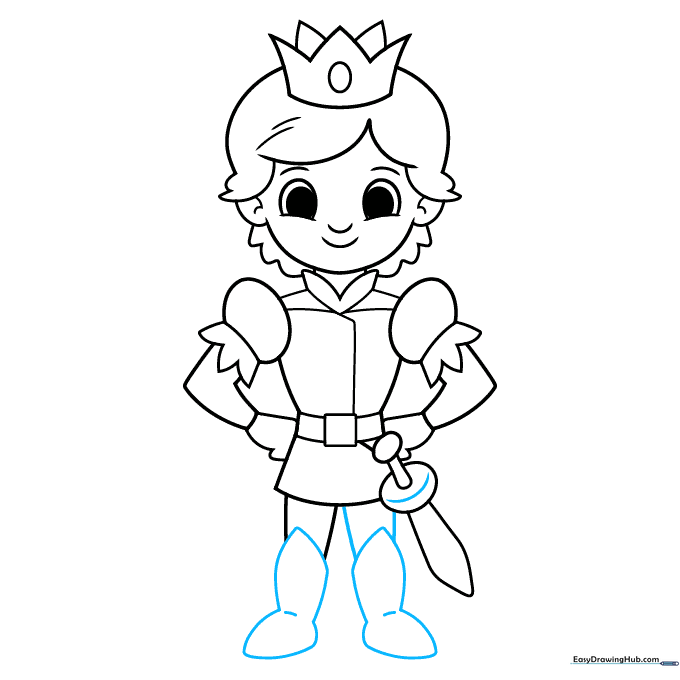 Drawing the prince's legs and boots with added texture lines.