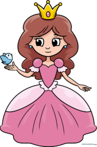 A colorful, finished illustration of a cartoon princess holding a small bird.