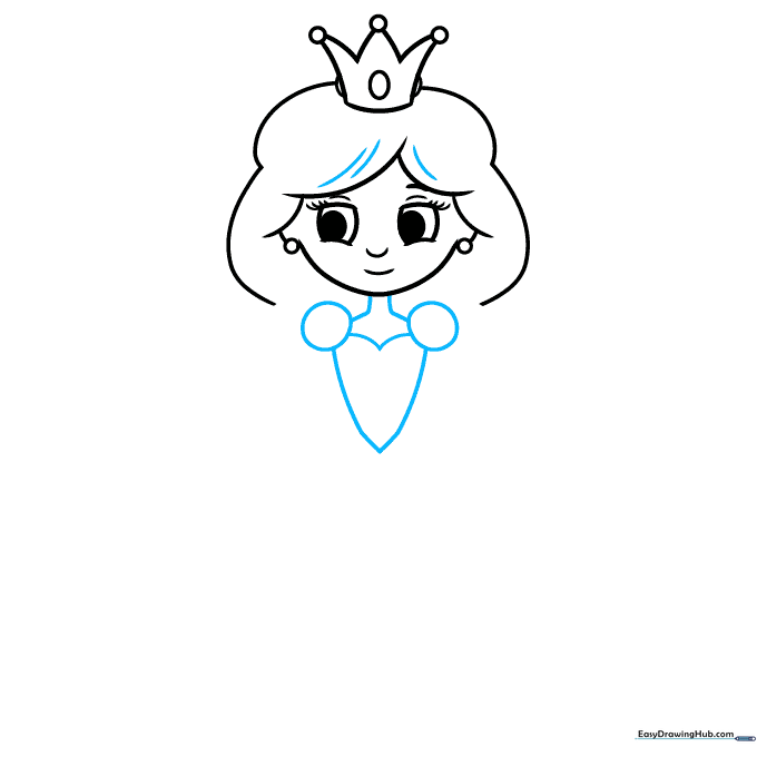 Sketching the princess's neck, shoulders, and heart-shaped dress bodice.