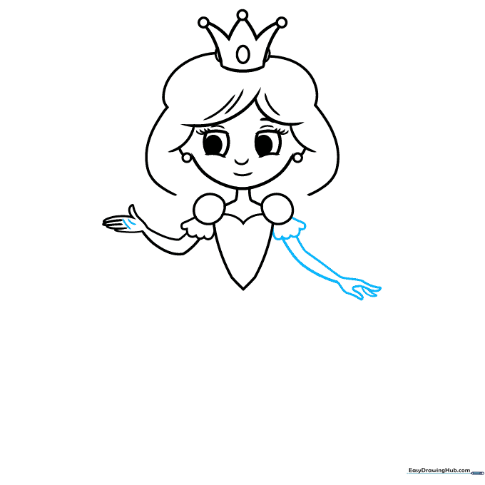 Adding the second arm and sleeve to complete the princess's upper body.