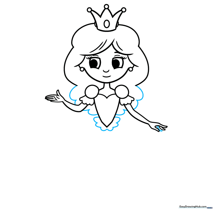 Drawing the long hair flowing behind the princess and adding a waist ruffle.