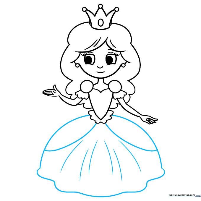 Adding a long, flowing skirt with fabric folds to the princess drawing.