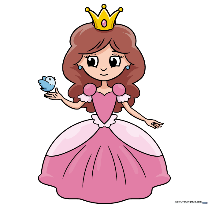 The finished, colored princess drawing with a bird on her hand.