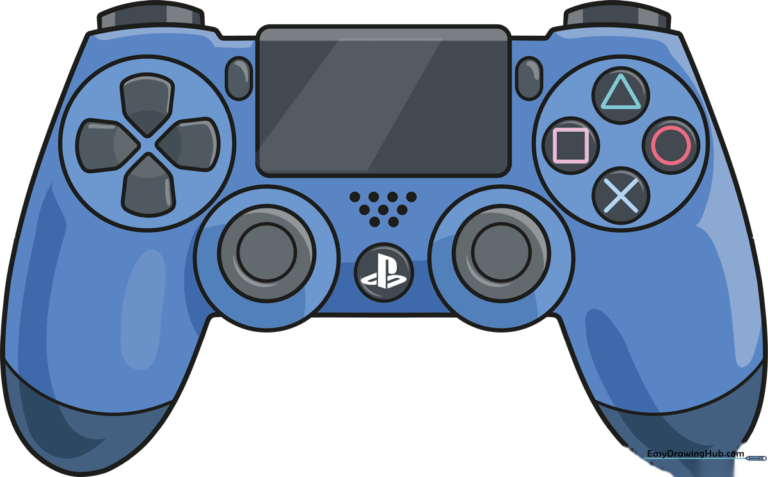A vibrant, finished drawing of a PS4 controller, showcasing the buttons and joysticks in detail.