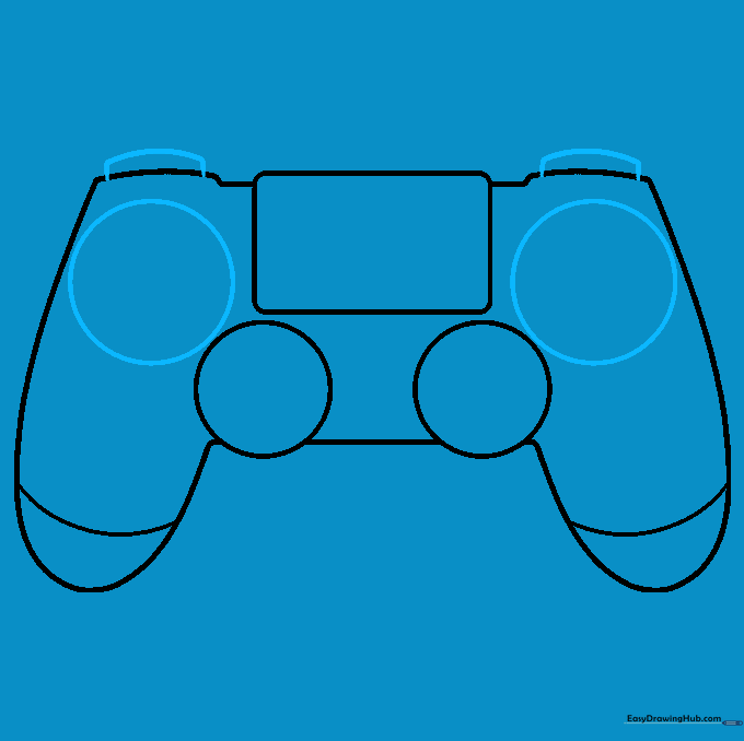 Detailed sketch showing the addition of shoulder buttons and expanded circular guides for the controller buttons.