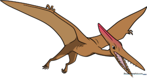 A colorful, finished Pterodactyl illustration soaring in the sky.