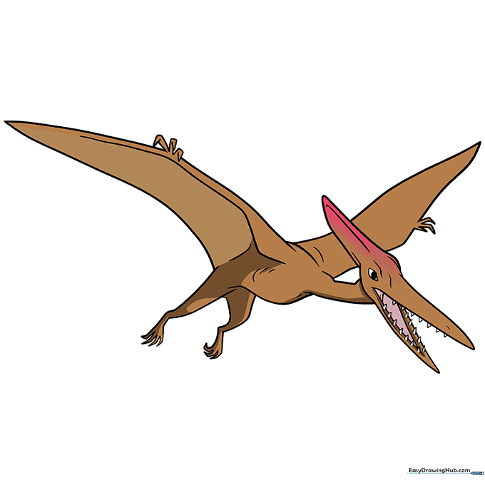 Fully colored Pterodactyl drawing with brown tones and detailed shading.