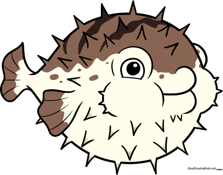 A vibrant, finished cartoon pufferfish drawing, serving as the featured example for the tutorial.