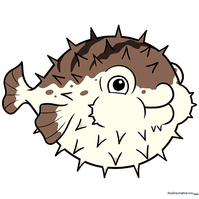 A fully colored, cute cartoon pufferfish drawing with yellow and brown tones.