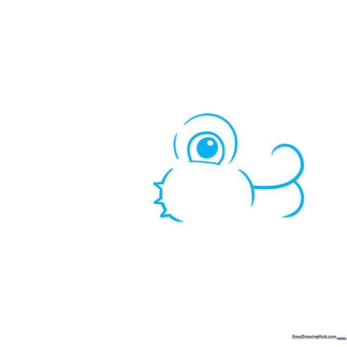 Close-up of a pencil sketch showing the pufferfish's eye and mouth construction using simple circles and curved lines.
