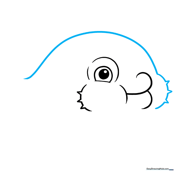 Pencil sketch showing the outline of the pufferfish's back and cheeks being formed with smooth, continuous strokes.