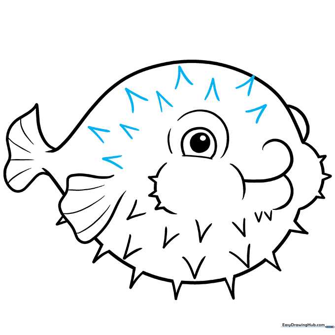 Pencil sketch showing the addition of spikes along the head of the pufferfish.