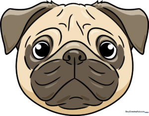 A friendly, finished cartoon pug face, perfect for young artists to emulate.