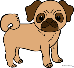 A friendly, cartoon-style pug illustration