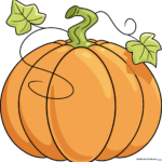 A vibrant, finished cartoon pumpkin drawing with leaves and vines.