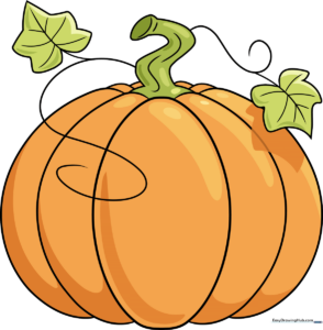 A vibrant, finished cartoon pumpkin drawing with leaves and vines.