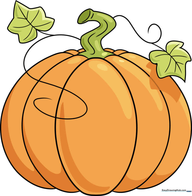 A vibrant, finished cartoon pumpkin drawing with leaves and vines.