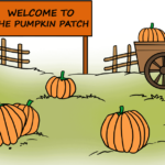 A colorful, finished illustration of a pumpkin patch with a sign, fence, and wheelbarrow.