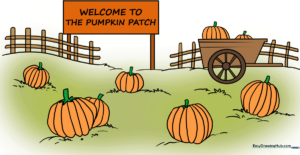 A colorful, finished illustration of a pumpkin patch with a sign, fence, and wheelbarrow.