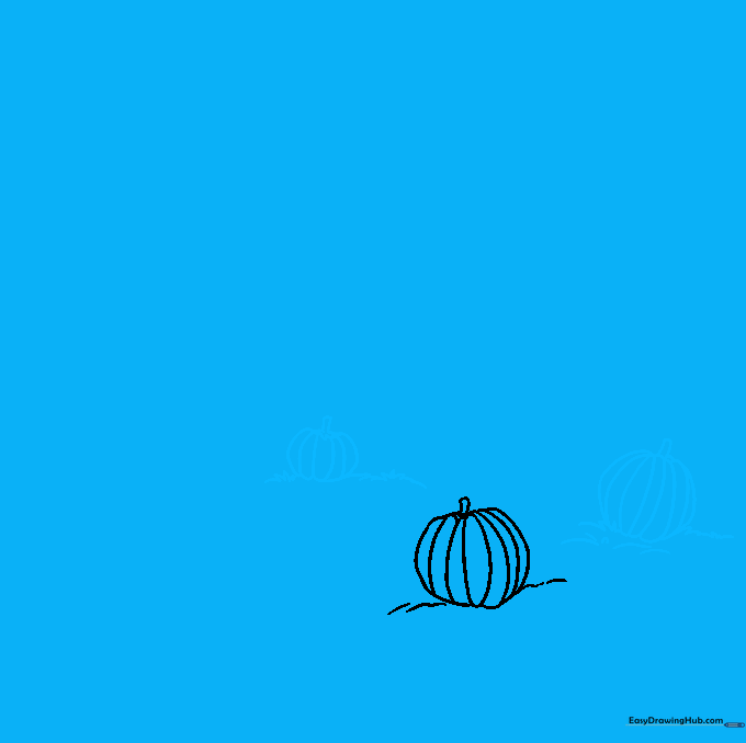 Drawing of multiple pumpkins of varying sizes nestled in grass.
