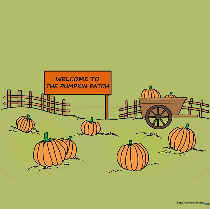 The finished, fully colored pumpkin patch drawing.