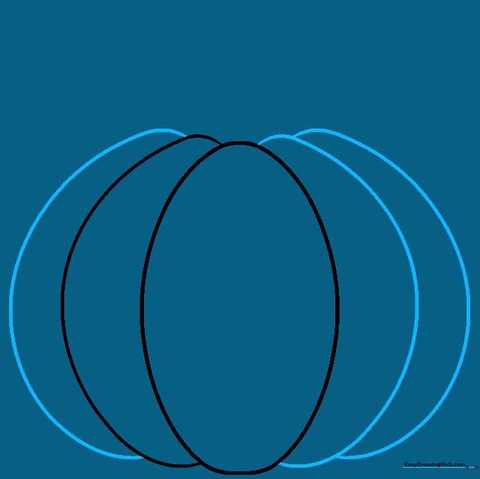 Pencil sketch showing the full, rounded shape of a pumpkin with multiple curved rib lines.