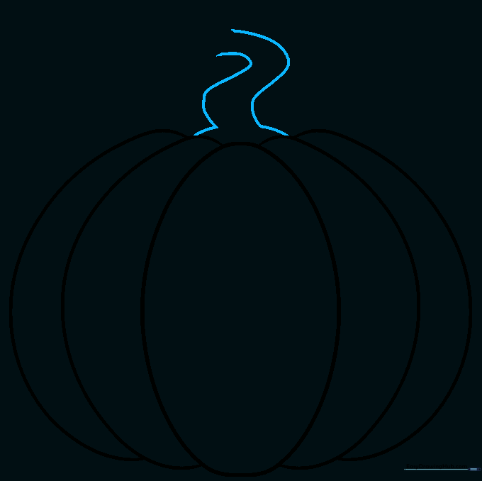 Pencil sketch showing the addition of a thick, curved stem on top of the pumpkin.