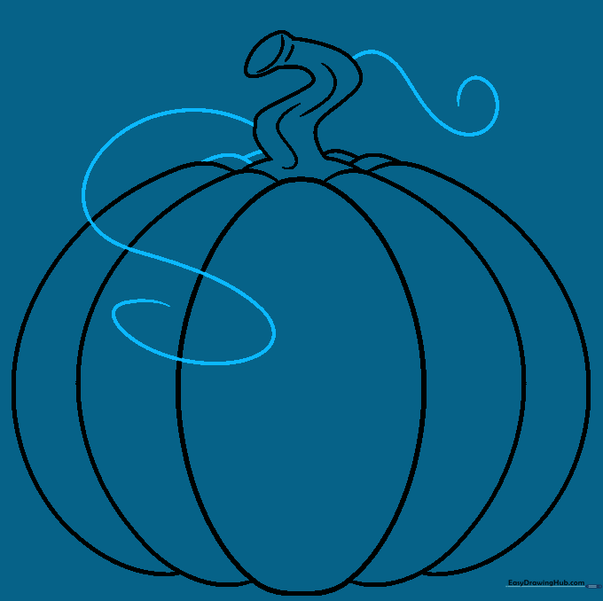 Pencil sketch showing curly vine tendrils extending from the pumpkin stem.