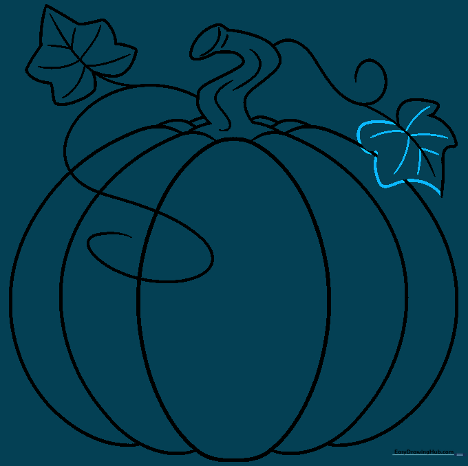 Completed pencil line art of a pumpkin with leaves and vines, ready for coloring.