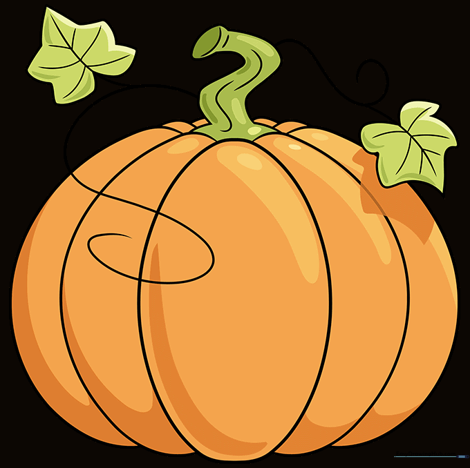 Fully colored cartoon pumpkin with orange body, green leaves, and brown stem.
