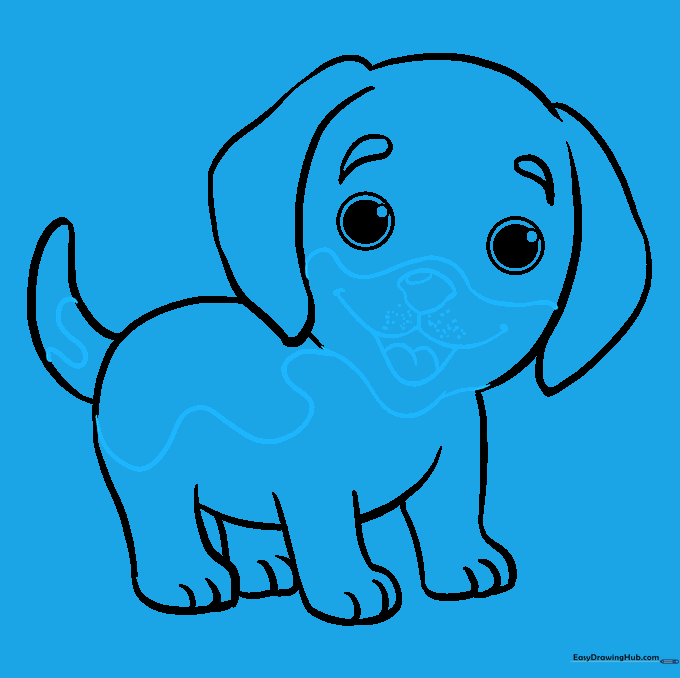 Completed puppy line art with nose, mouth, and spots.