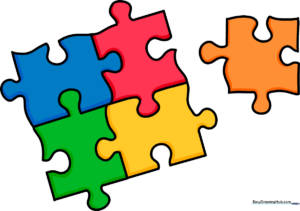 Colorful cartoon puzzle pieces arranged together, showcasing the final drawing result.