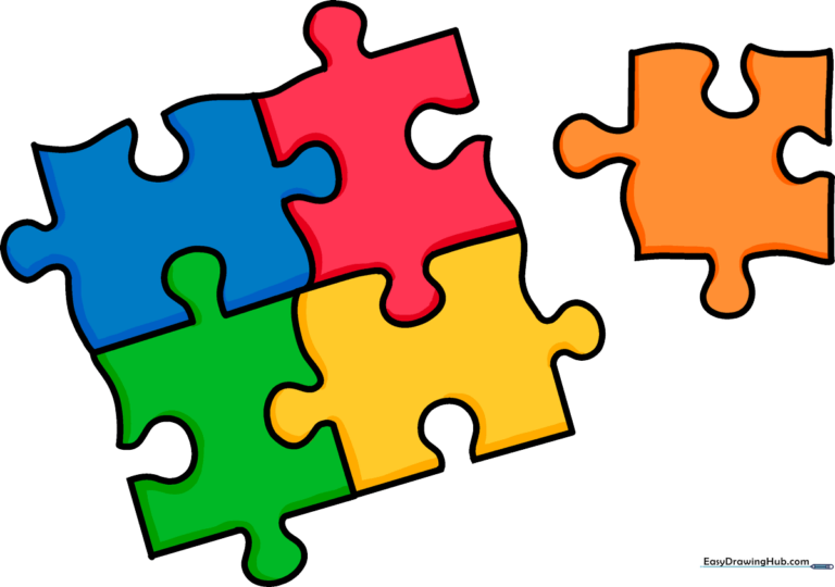 Colorful cartoon puzzle pieces arranged together, showcasing the final drawing result.