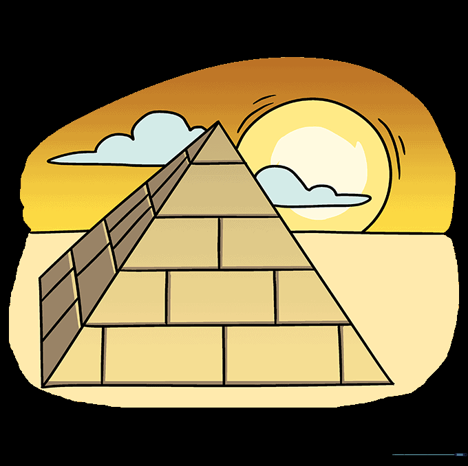 The finished, colored pyramid drawing with a desert sun and blue sky.