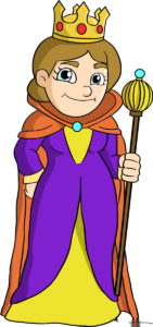 A vibrant, finished illustration of a cartoon queen holding a scepter, ready for coloring.