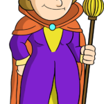 A vibrant, finished illustration of a cartoon queen holding a scepter, ready for coloring.